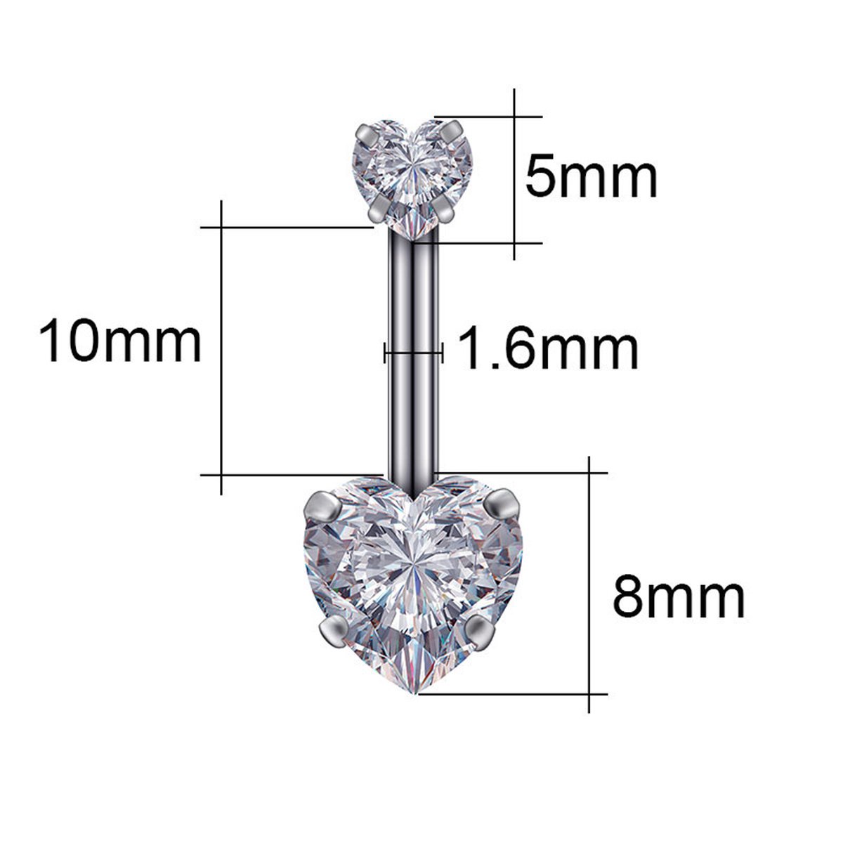 OUFER Navelpiercing, 14 g, goud, chirurgisch staal, 316L, hart, navelpiercing, binnendraad, CZ buikpiercingbal voor dames, 8/10/12/14/16 mm, 14G14mm, Roestvrij staal, Zirkonia