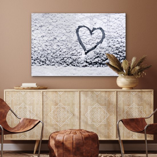 ® Glasschilderij 120x80 cm - Schilderij acrylglas - Hartje in sneeuw - Foto op glas - Muurdecoratie woonkamer - Wanddecoratie slaapkamer - Schilderijen