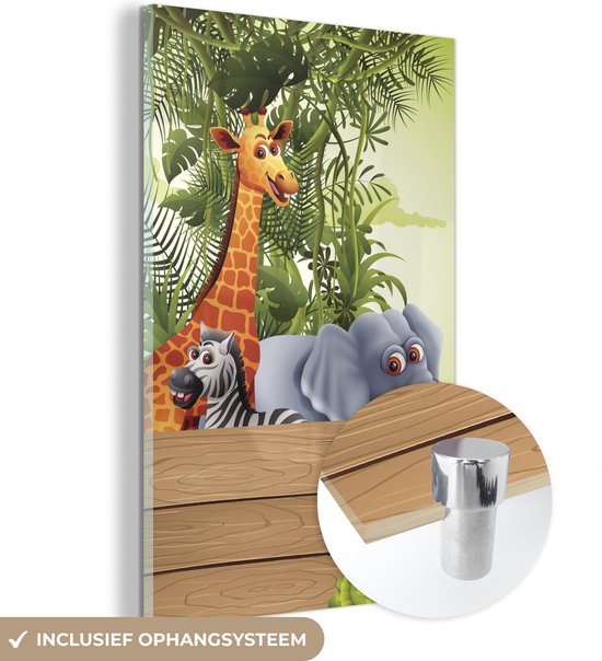 MuchoWow® Glasschilderij 20x30 cm - Schilderij acrylglas - Jungle dieren - Natuur - Planken - Kinderen - Giraffe - Foto op glas - Schilderijen