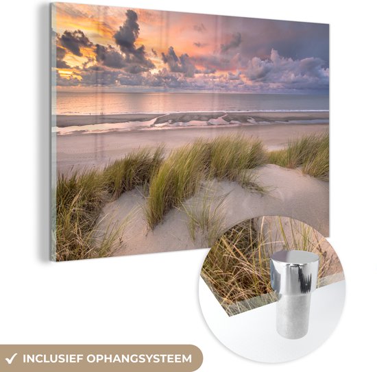 Glasschilderij natuur - Strand - Zee - Duin - Zonsondergang - Foto op glas - Wanddecoratie - Glasschilderij strand - 90x60 cm - Acrylglas - Muurdecoratie - glasschilderijen woonkamer