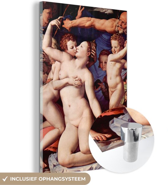 MuchoWow® Glasschilderij 80x120 cm - Schilderij acrylglas - Venus cupid folly and time - Leonardo da Vinci - Foto op glas - Schilderijen