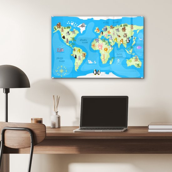 MuchoWow® Peinture sur verre 60x40 cm - Peinture sur verre acrylique - Wereldkaart - Enfant - Animaux - Blauw - Garçons - Filles - Photo sur verre - Peintures