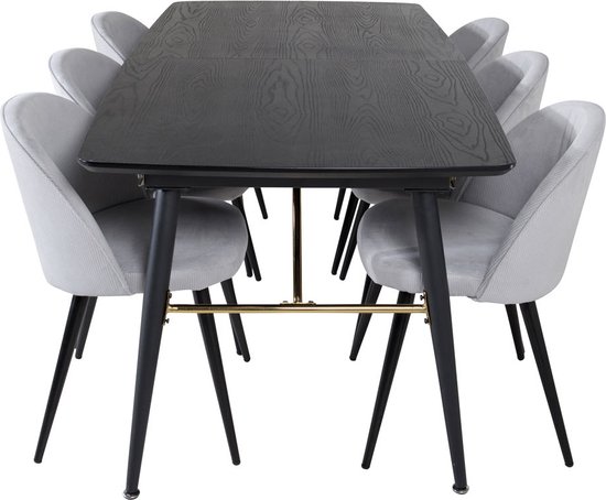 Table de salle à manger en or longueur de table extensible cm 180 / 220 noir et 6 Velours de salle à manger en velours gris clair, noir.