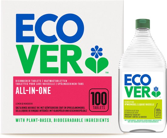 Ecover Vaatwastabletten Voordeelverpakking ALL-IN-ONE 100 Stuks + 950ML Gratis Afwasmiddel