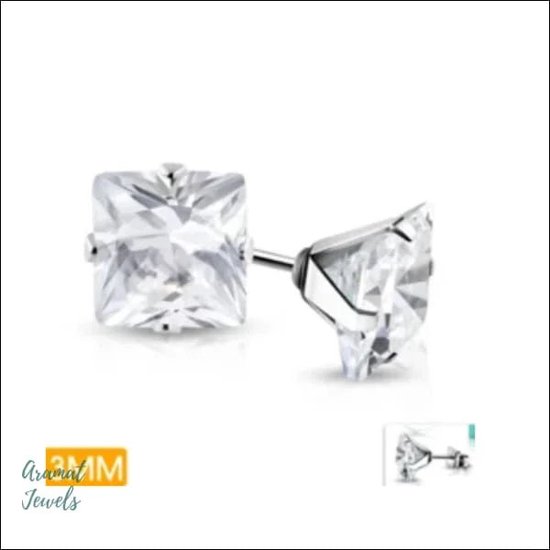 Aramat jewels ® - Vierkante oorbellen zirkonia transparant chirurgisch staal zilverkleurig 3mm