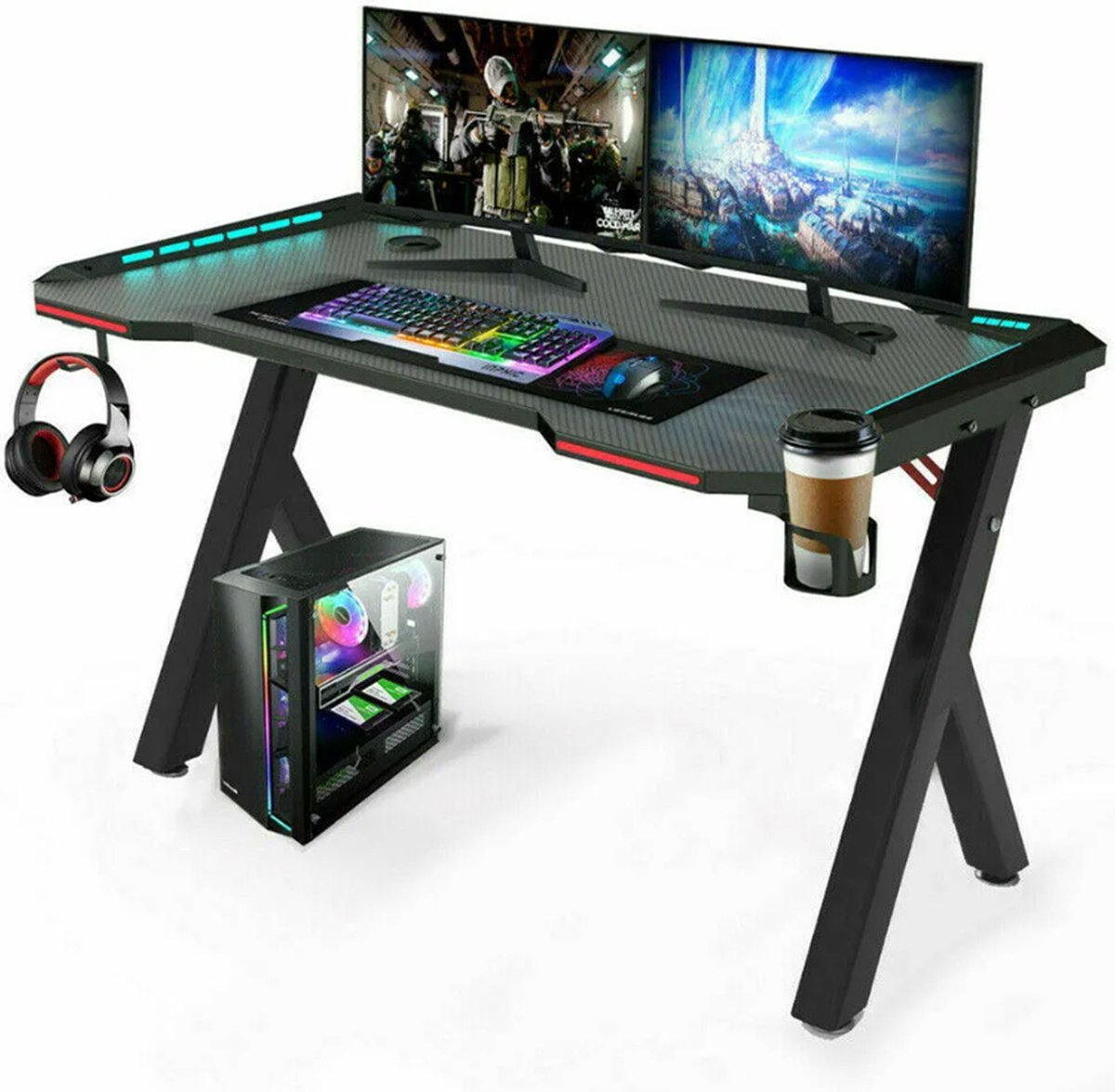 For The Win Game Bureau - 140x60x73 cm - Gaming Desk met LED Verlichting -  Incl RGB