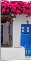 Tuinposter – Blauwe Deur met Roze Bloemen met Wit Huisje - 50x100 cm Foto op Tuinposter (wanddecoratie voor buiten en binnen)