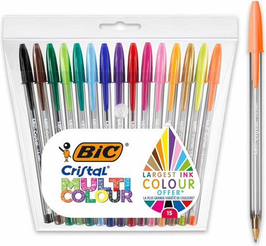 BIC Cristal Multicolour Balpennen Brede Punt (1.6 mm) - Verschillende Kleuren - Pak van 15 Stuks