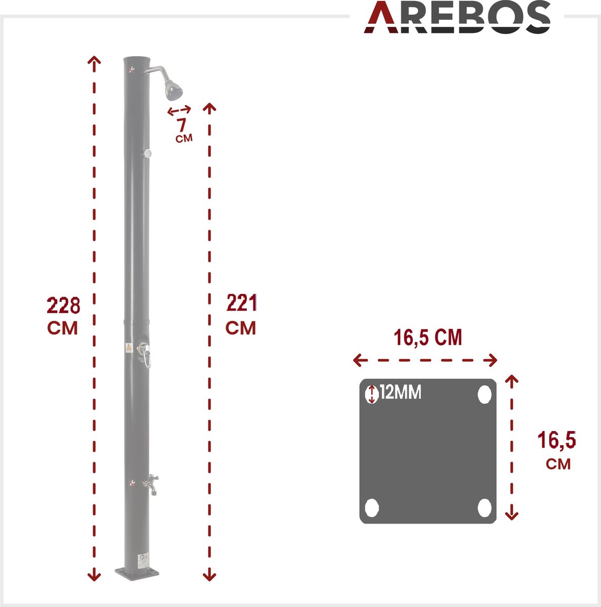Arebos Zonnedouche 40 Liter – Met Thermometer, Handdouche, Voetdouche En Tuinslangaansluiting – Zwart, Incl. Montageset En Hoes