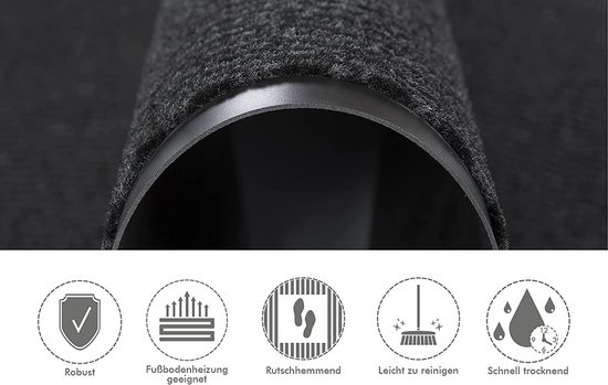 Close-up van antracietkleurige deurmat. Icons: robuust, geschikt voor vloerverwarming, anti-slip, makkelijk schoon te maken, sneldrogend.