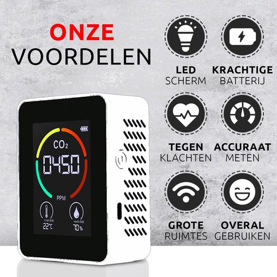 Witte CO2-meter op een grijze achtergrond, met icoontjes voor voordelen zoals LED-scherm en krachtige batterij.