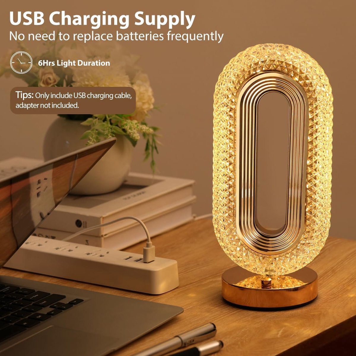 100pcs，Tafellamp, traploos dimbare touchlamp met 3 kleuren, oplaadbaar nachtlampje met USB-poort, moderne ovale kristallen lamp voor op het nachtkastje, bureau, slaapkamer, woonkamer, woondecoratie thumbnail 2