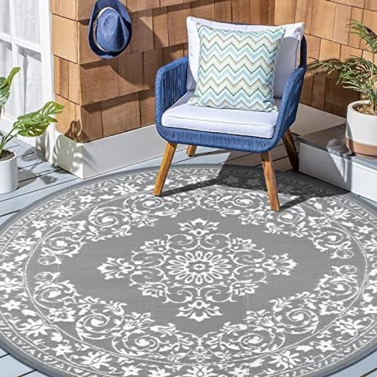 PolkaHome Rond vloerkleed voor binnen en buiten, 180 cm, kunststof stro tapijt, campermat, draagbare opvouwbare campingtapijt, extra grote buitenmat voor terras, achtertuin, picknick
