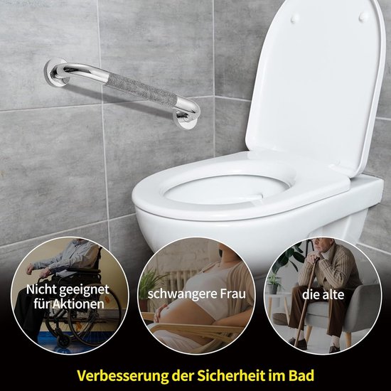 Zilverkleurige badgreep met diamantpatroon naast een toilet, met afbeeldingen van een rolstoelgebruiker, zwangere vrouw en oudere man.