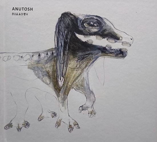 Illustratie van een dinosaurus in bruin en zwart, met de tekst ANUTOSH SCHADUW.
