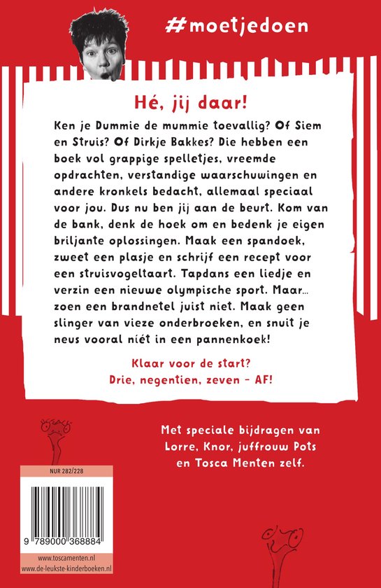 Achterkant van het boek 'Streepjescode Rood' met de titel '#moetjedoen' en een jongen met donker haar.