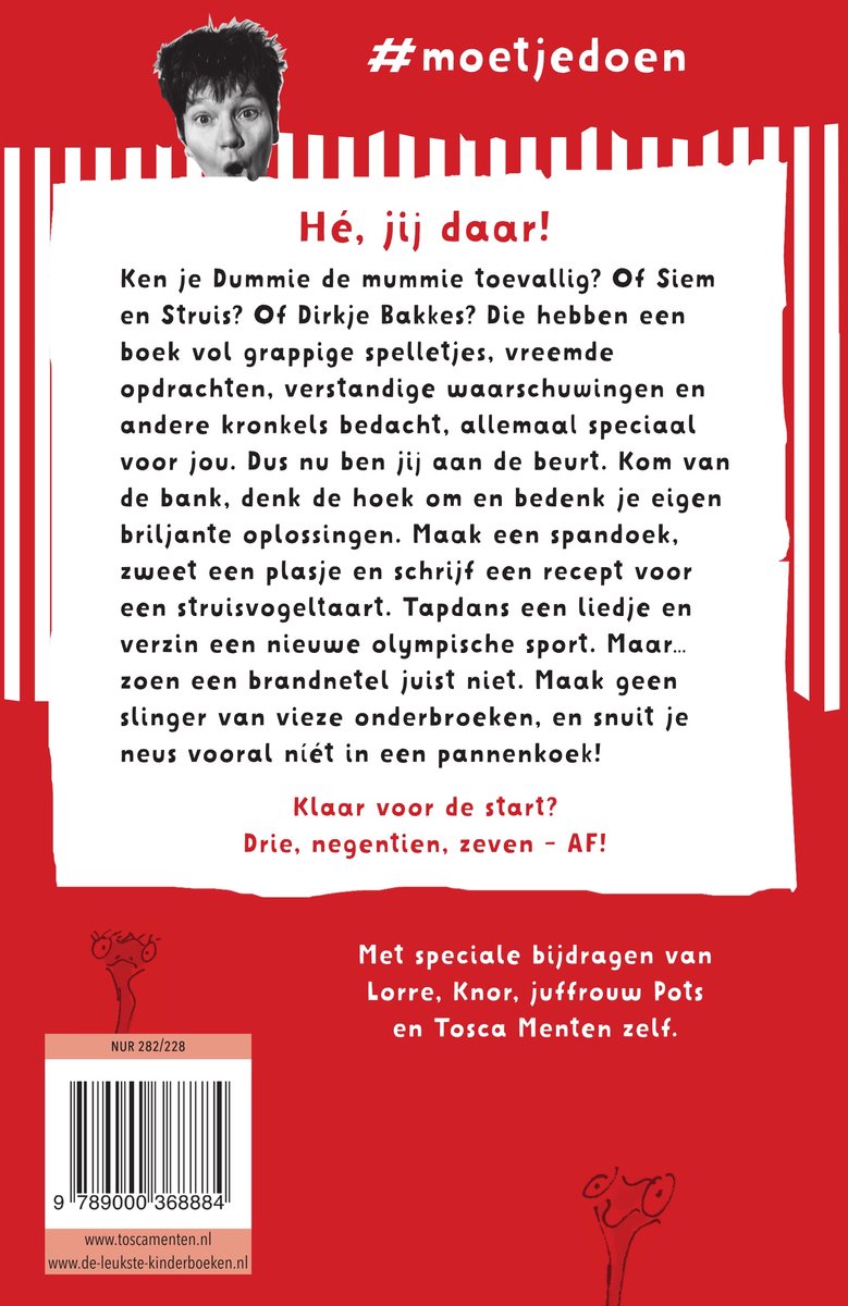 Achterkant van het boek 'Streepjescode Rood' met de titel '#moetjedoen' en een jongen met donker haar.