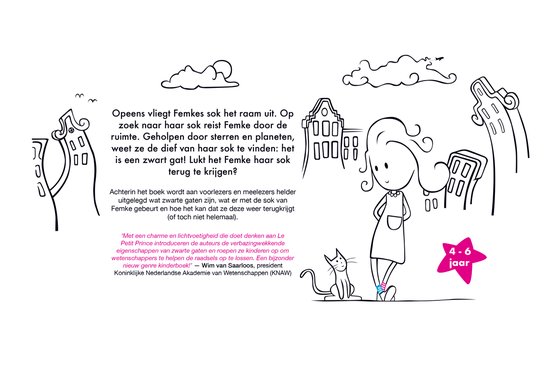 Een zwart-wit illustratie van een meisje met een kat, een huis en wolken. Een roze sok is in de lucht.