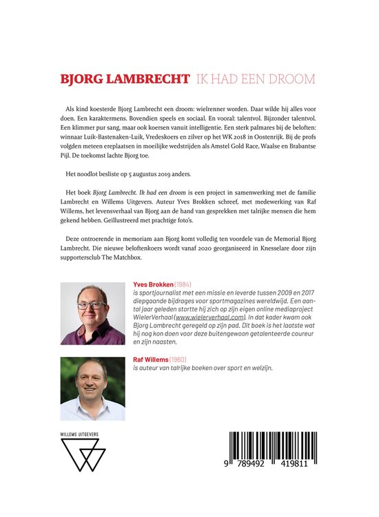 Boekcover met portretten van Yves Brokken en Raf Willems, getiteld 'Bjorg Lambrecht Ik had een droom'.
