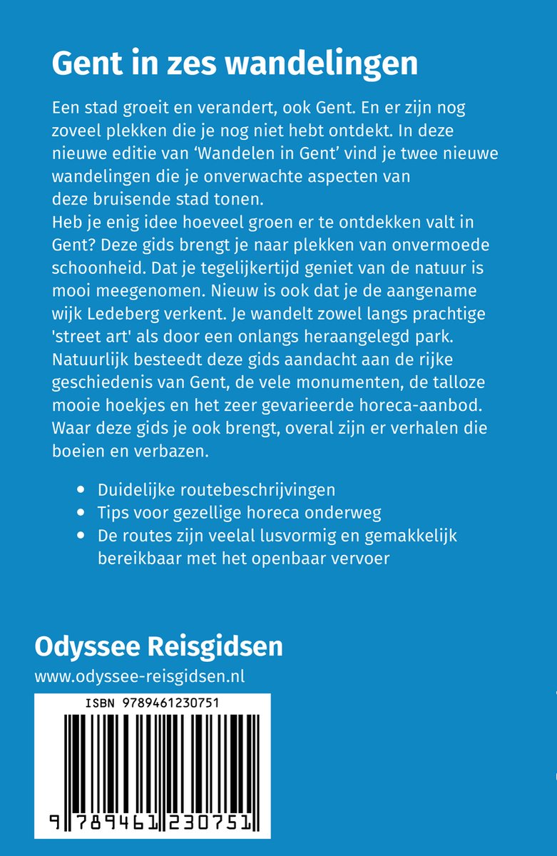 Achterkant van de Odyssee Reisgids 'Gent in zes wandelingen', met ISBN en een QR-code.