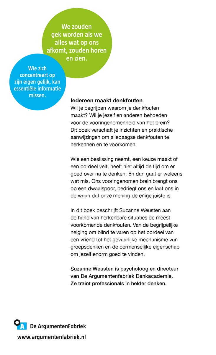 Achterkant boek met blauwe en groene cirkels en tekst over denkfouten. Suzanne Weusten, De Argumentenfabriek.