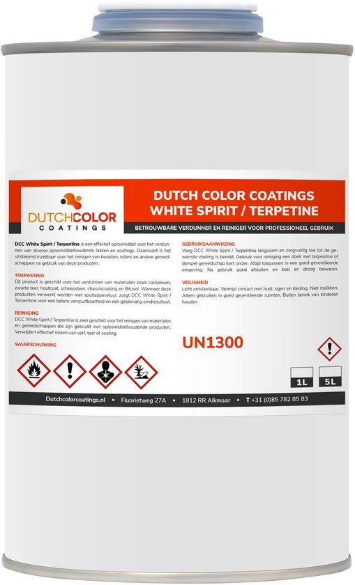 Witte kunststof emmer met deksel, met Nederlands en Engels label: Dutch Color Coatings White Spirit / Terpentine.