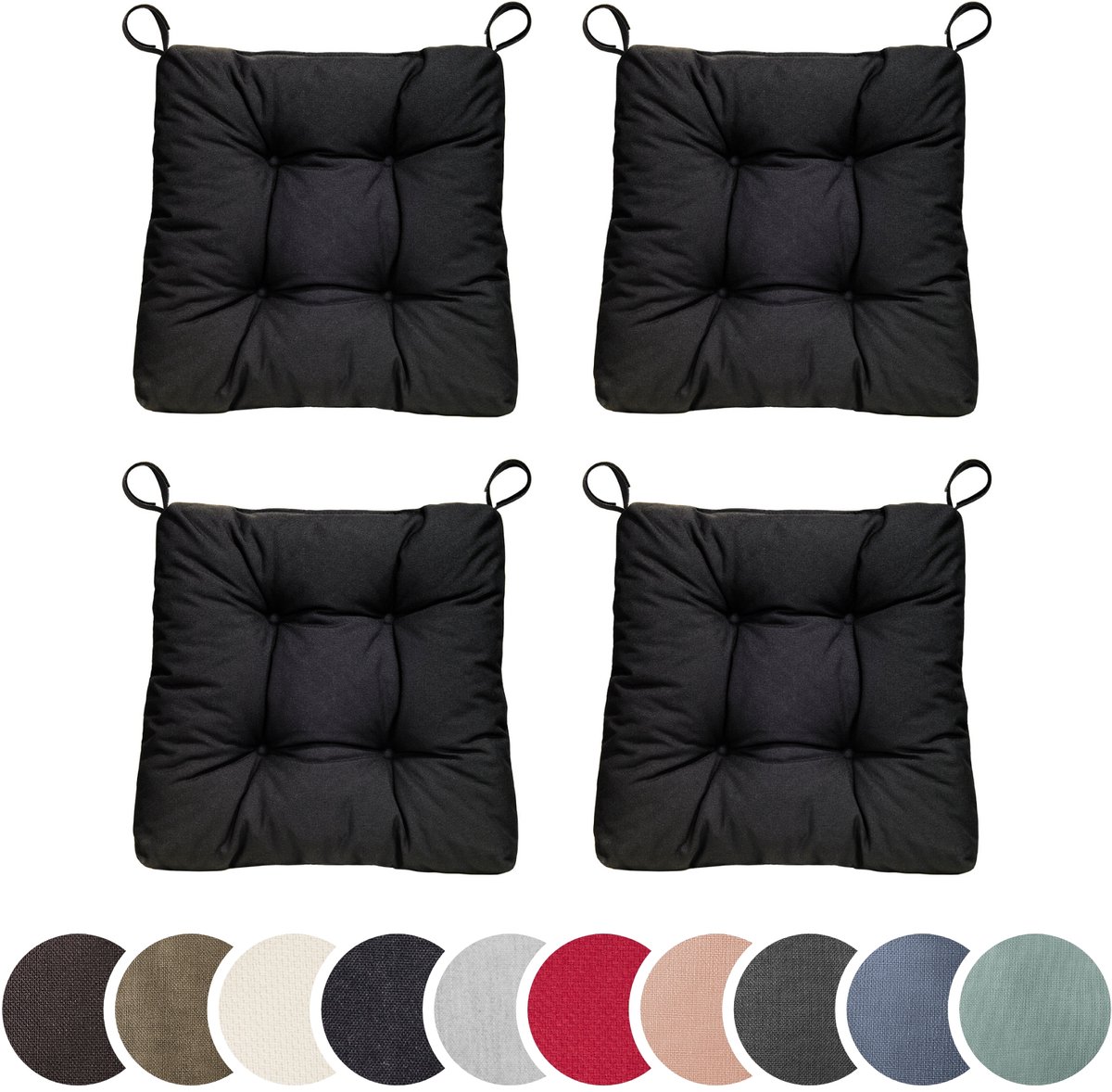 sleepling set van 4 stoelkussens Basic 20 | 40 (voorkant) / 35 (achterkant) x 38 x 7 cm | zitkussen voor binnen en buiten | hoes van 100% polyester | met klittenband | Made in EU | zwart