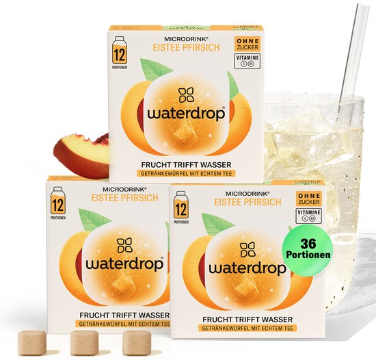 waterdrop® ICE TEA PERZIK - 36 bruistabletten - Suikervrije ijsthee met echte zwarte thee en perzik - Met natuurlijke extracten en vitamine C - Water met smaak