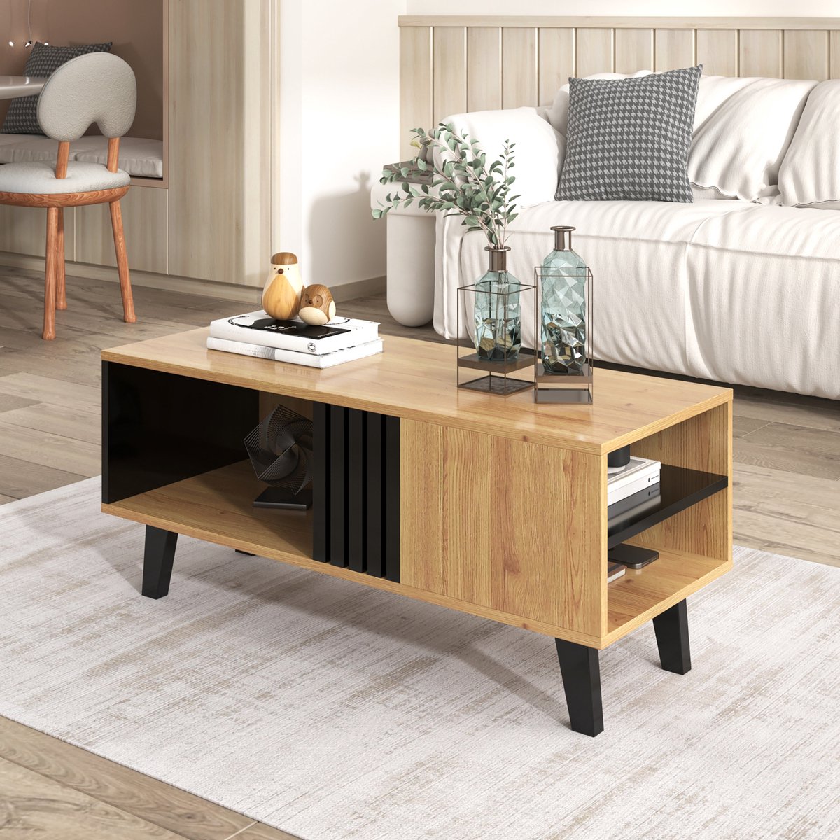 SINGULARITY Salontafel-100 x 60 x 45 cm-Houten en zwart design-met laden