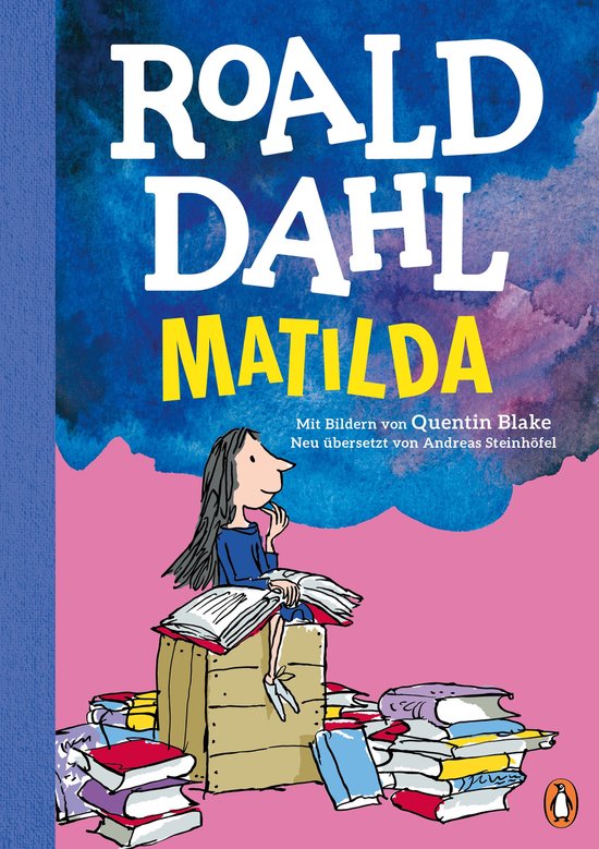 Boek "Matilda" van Roald Dahl met illustraties van Quentin Blake. Een meisje zit op een stapel boeken.