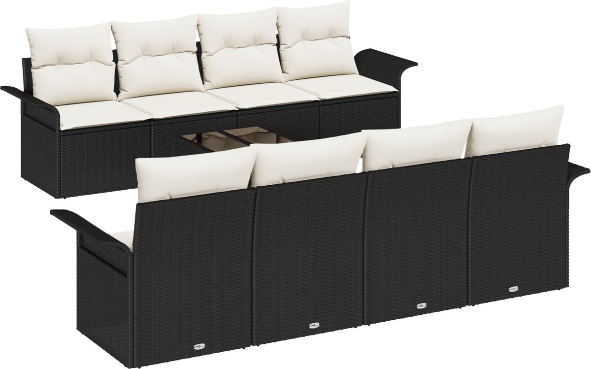 vidaXL - Tuinbank - Set - met - kussen - 9 - pcs - Zwart - en - Crème - poly - rattan