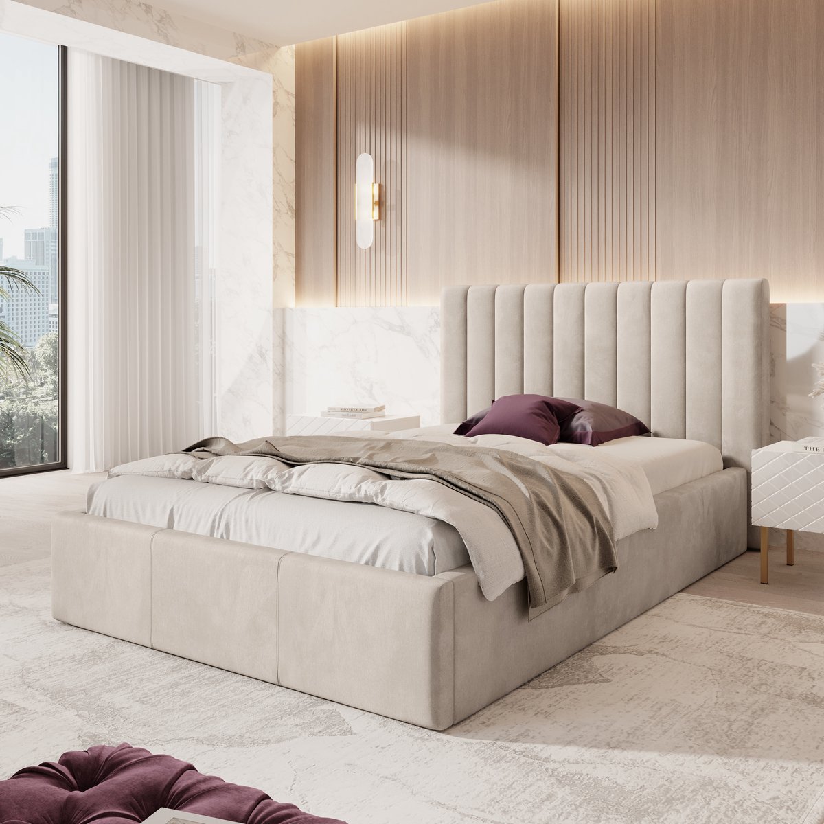 MEUBELLA Tweepersoonsbed Chief - Beige - Velvet - 140x200 cm
