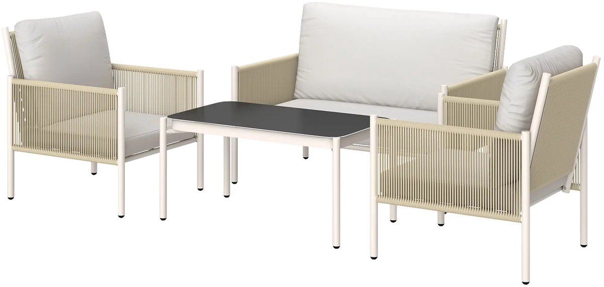 Balkonset 4 personen - Tuinset - Bistroset - Lichtgrijs / Bruin - Weerbestendig - 4 delig - Tuintafel en 4 stoelen - 4 personen - Gecoat staal - Onderhoudsvrij staal