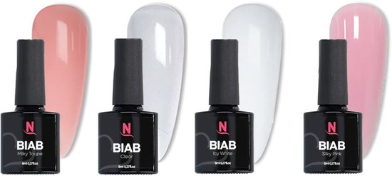 Vier flessen BIAB nagellak in de kleuren Milky Taupe, Clear, Icy White en Silky Pink met bijpassende kleurstaaltjes.