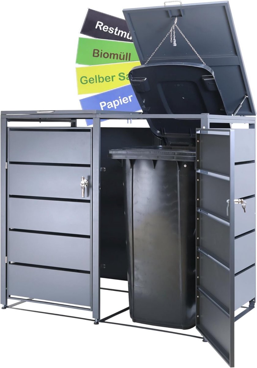Albatros afvalcontainerbox voor 2 containers | tot 240 liter | antracietgrijs RAL 7016 | verzinkt staal | premium dempers | stickerset | weerbestendig | verstelbare poten | deurklink met slot | tuinbox