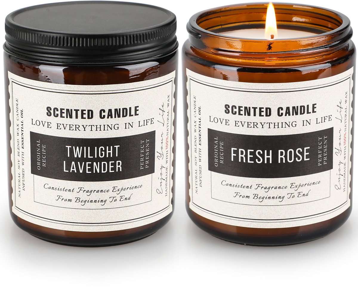 NAIZY Scented Candle Gift Set 200g 2st glazen pot met zwart deksel, geurkaars decoratieve benodigdheden set voor slaapkamer, woonkamer (Lavendel + Sandelhout Rose)