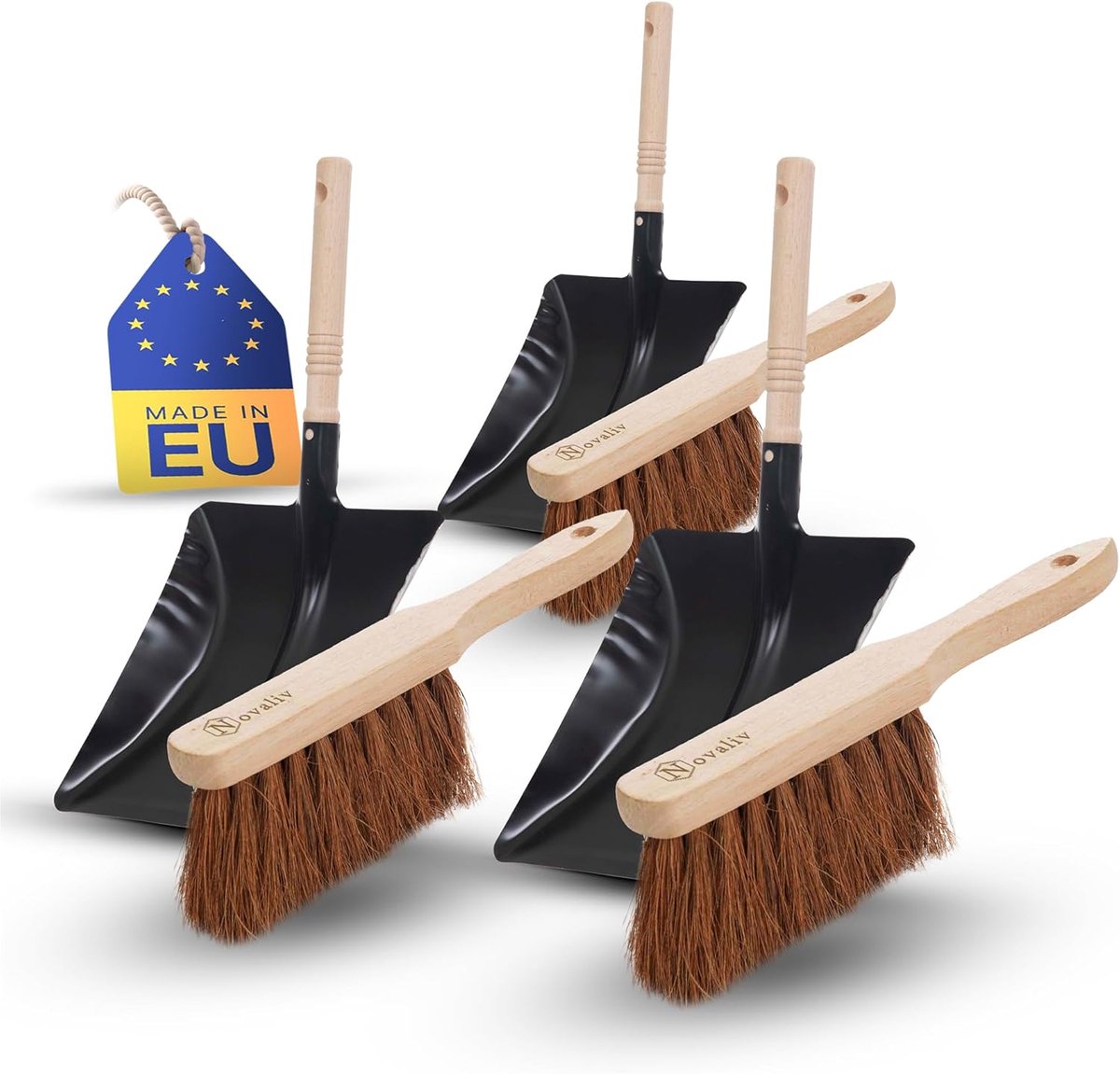 4-delige stoffer en blik set COCONUT BRISTLES handborstel stoffer en blik set metaal zwart geverfd stoffer en blik bezem zachte borstelharen handbezem kokosvezel handveegset stoffer en blik set stoffer en blik borstel en blik