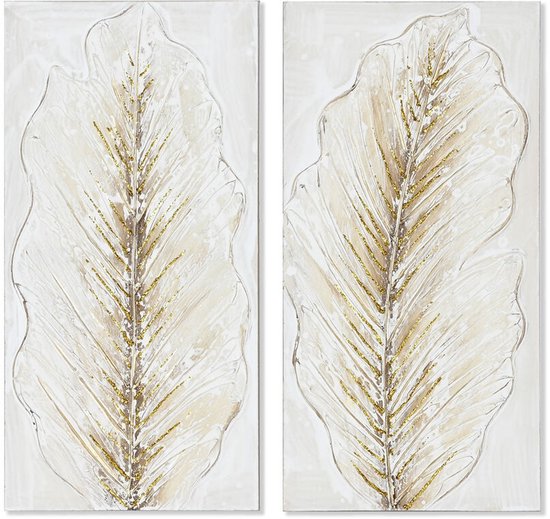 Tableau Home ESPRIT Wit Or Toile Bois MDF Feuille de plant Romance 30 x 2,5 x 60 cm (2 Pièces)