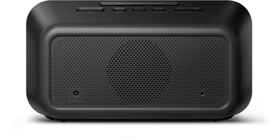 Achterkant van de zwarte Philips wekkerradio met speaker en stroomaansluiting.