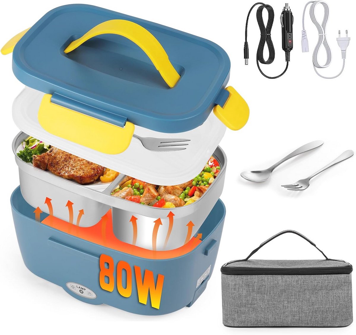 3-in-1 Elektrische Lunchbox en Voedselverwarmer voor Auto en Thuis – 1,5L, Afneembare Roestvrijstalen Verwarming, Inclusief Bestek