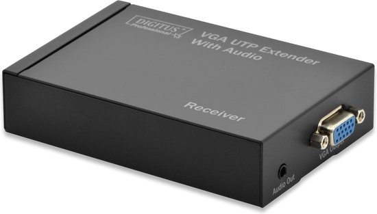 Zwarte metalen behuizing van een receiver met opschrift 'VGA UTP Extender With Audio Receiver'.