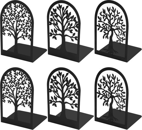 Foto: Boeksteunen metaal met boompatroon 6 stuks decoratieve document en boekhouder rek met antislip pads roestvrij ijzer zwart gelakt veilige randen 3 paar unieke designs