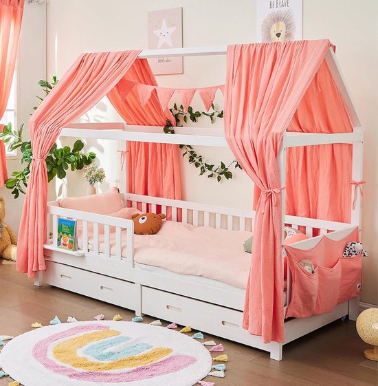 Alavya Home® Decoratieset voor bed, 3-delig, 2 stuks bedhemel, 1 stuk vlaggetjesslinger van 300 cm lang, voor kinderbed, kinderkamer, 100% biologisch mousseline-katoen, GOTS-gecertificeerd, 125 x 350