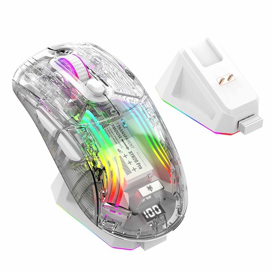 NAXSIR XYH20pro Tri-Mode Gaming-Muis – Transparant Design met RGB-Illuminatie • Geluidsarme Tasten • 5-Stap DPI (tot 4000) • 4000 FPS • Magnetisch Draadloos Ladestand