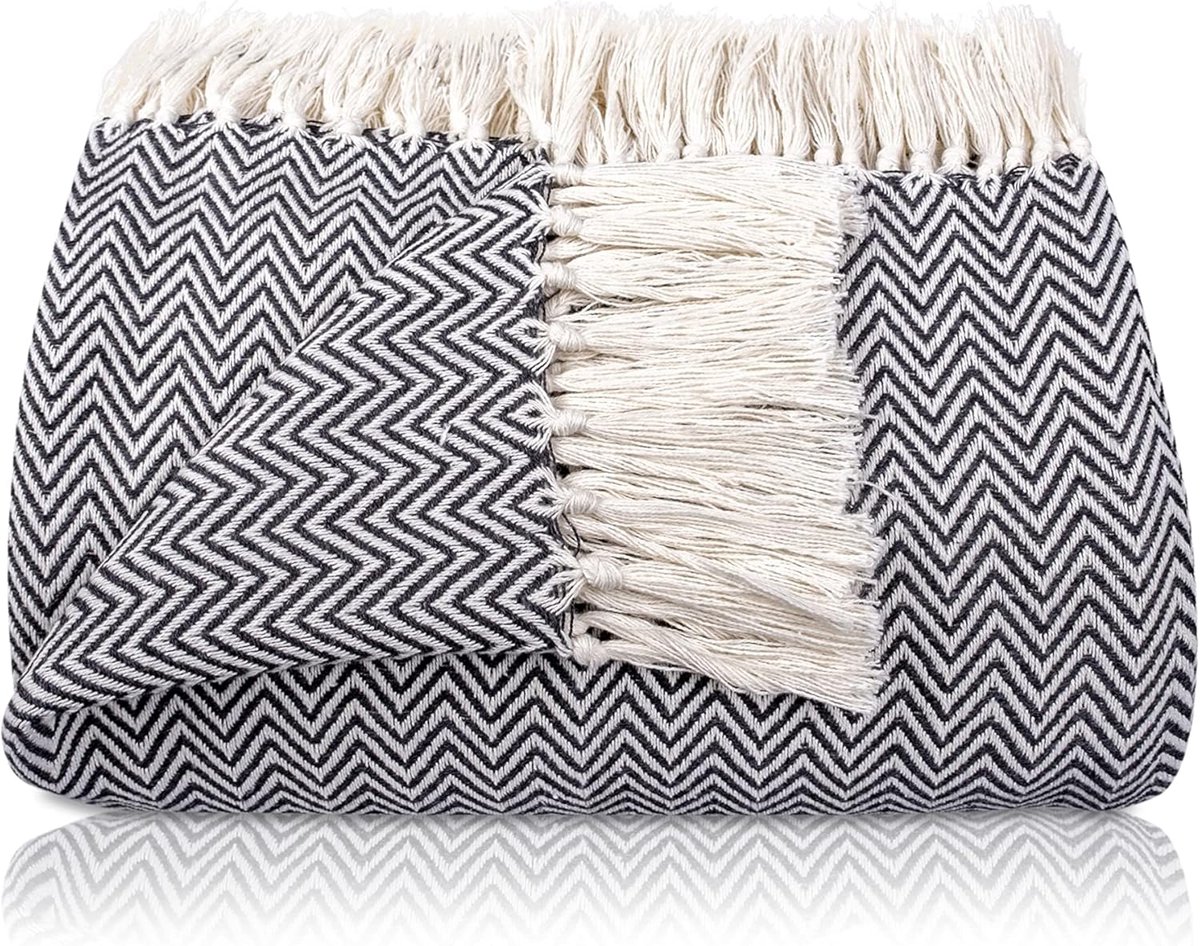 Ibenzoa Grote Katoenen Dekens met Herringbone Patroon - 240 x 180 cm - Zwart antraciet