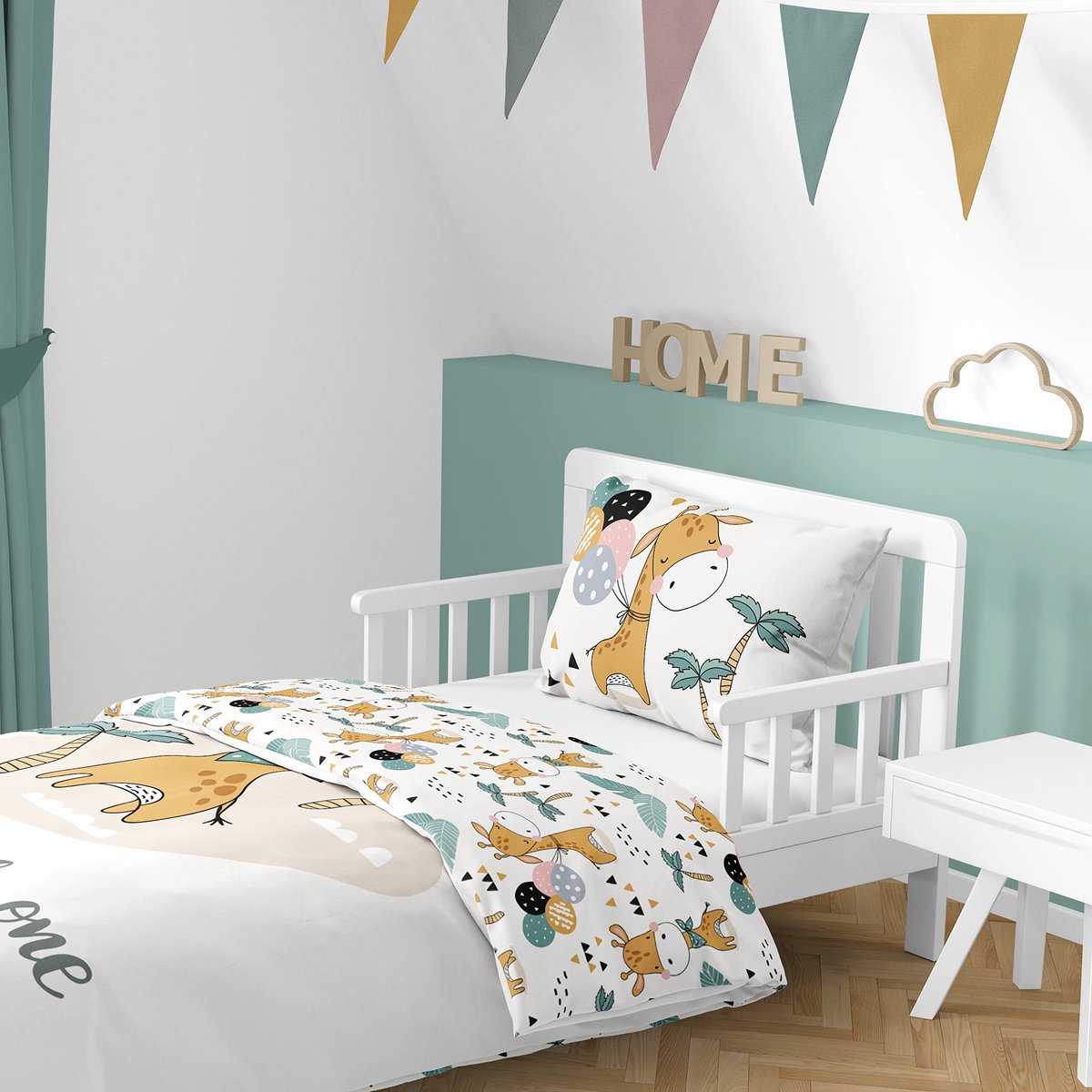 Unyqoos Kinderbedtextielset van 100% Katoen met Safari Dierenontwerp voor Jongens en Meisjes Giraffe