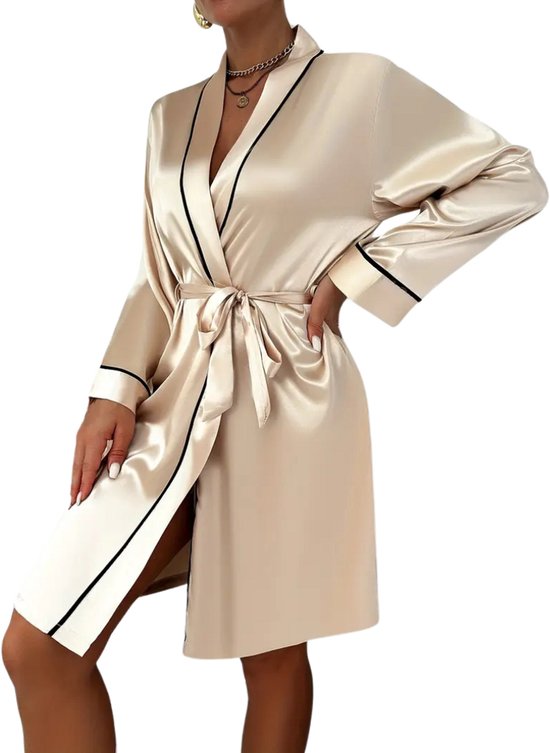 Nivard Satijnen Badjas Dames - Kimono - Kamerjas - Satijn - Ochtendjas - Pyjama - Goud - Maat L