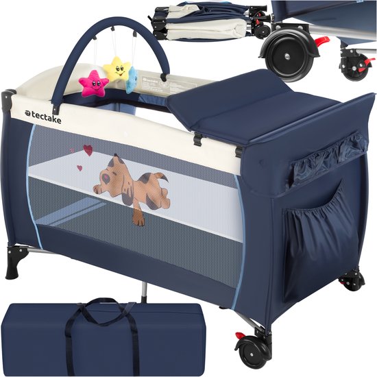 tectake® Kinderreisbedje in hoogte verstelbaar met aankleedkussen en draagtas - Incl. boog met speelfiguren - 132x75x104 cm - diverse kleuren – Blauw