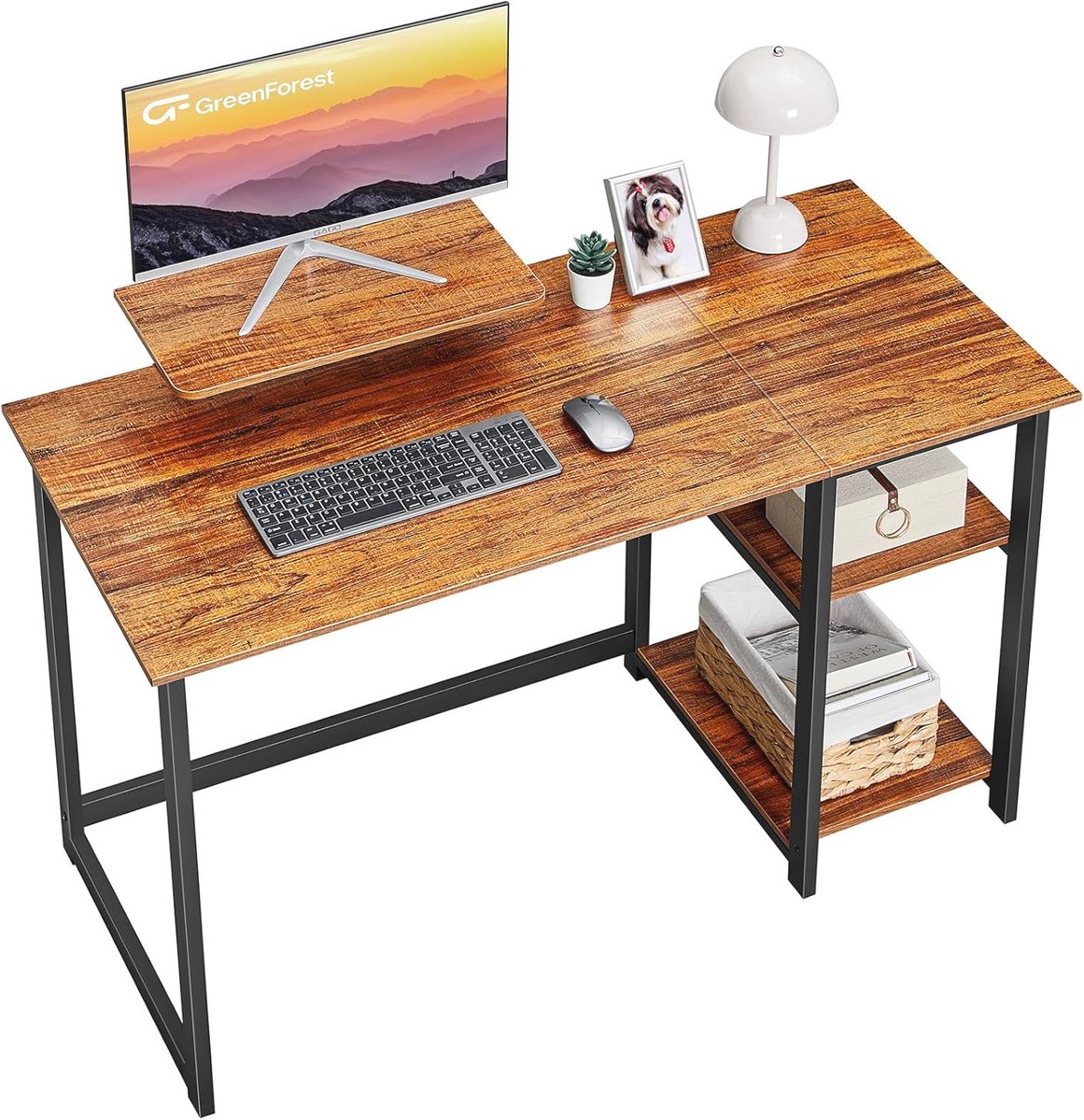 Computer Bureau met Monitor Stand en Opbergplanken voor Thuiswerk en Gaming - Bruin