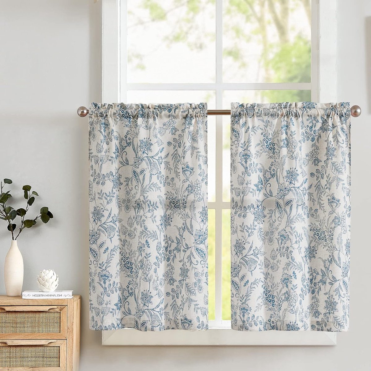 Ibenzoa® Gordijnset Blauw Bloemprint - 2 Panelen - Lichtdoorlatend Stoffering